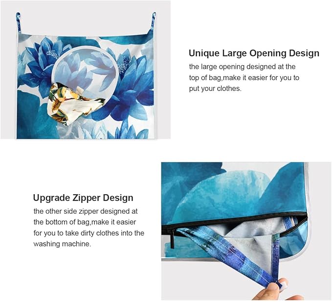 Ink Blue Lotus Flower Hanging Laundry Hamper Door Hampers Bag Basket with Stainless Steel Hooks Oxford Fabric Printing Decorative Clothes Bags 29.5X20inch 2Pack