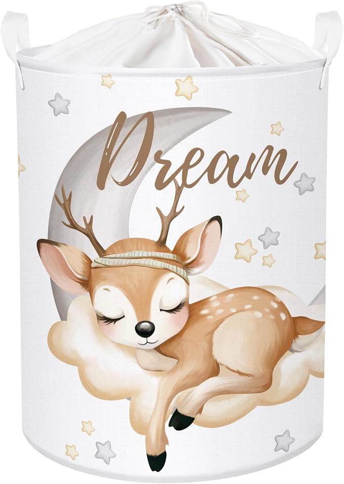 Sleeping Animals Baby Laundry Hamper Collapsible Clothes Kids Storage Basket Large Boys Girls Gift Toy Box Bin for Nursery, Deer, 63L