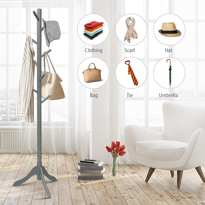 S AFSTAR 8-Hook Coat Rack Freestanding, Wood Coat Tree With 3 Adjustable Height, Standing Jacket Hanger for Hats Purses Scarves, Easy Assembly, Clothes Hanger Stand for Bedroom Entryway (Grey)