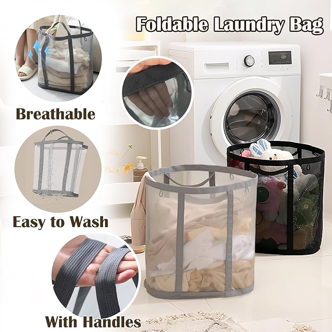 Collapsible Laundry Basket, Mesh Bag with Handles, Foldable Laundry Bag, Breathable Folding Beach Bag,Space-saving Tote Bags for Laundry, Bathroom, Dorm or Travel (Gray, 45L)