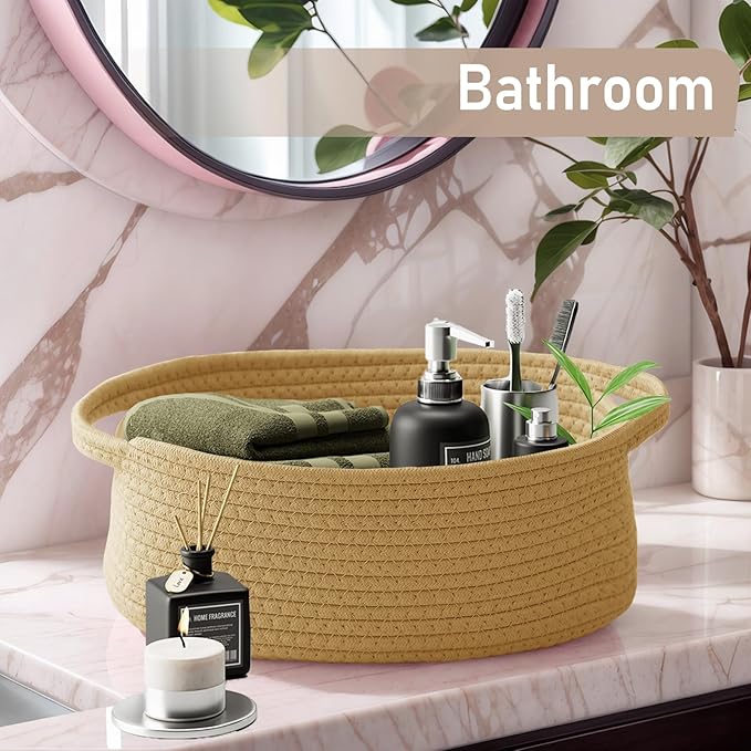 Woven Basket,Small Rope Storage Bin with Handles & Ribbon Bag, Organizer for Shelves Closets,Gift Basket Empty for Birthday,Books,Dog Toys, Jute/3 Pack