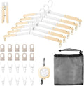 6 Pack Fodable Travel Hangers with Clips & Adjustable Clothesline, Portable Collapsible Hangers with Storage Bag for Suitcase, Hotel, RV, Cruise Essentials Set (Beige)
