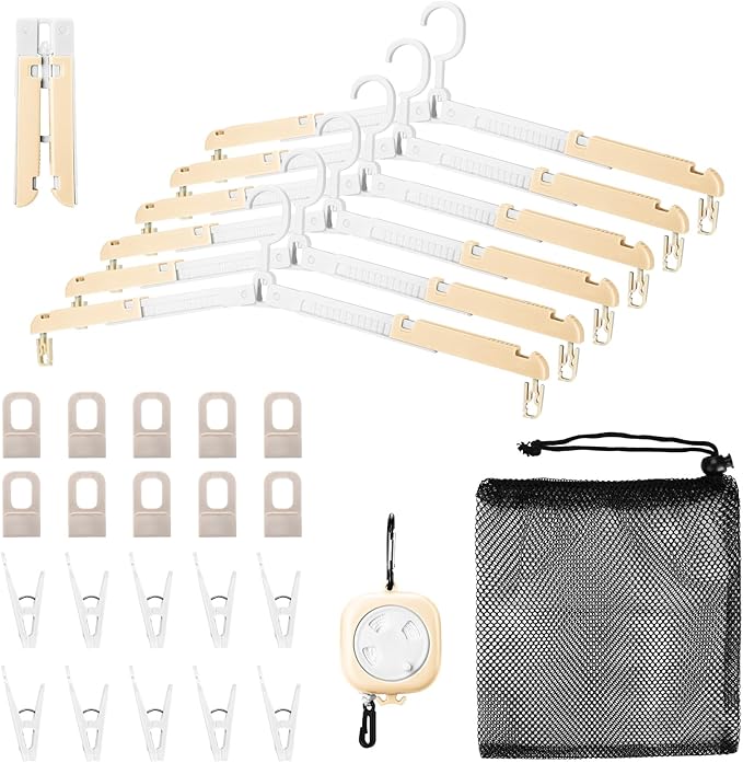 6 Pack Fodable Travel Hangers with Clips & Adjustable Clothesline, Portable Collapsible Hangers with Storage Bag for Suitcase, Hotel, RV, Cruise Essentials Set (Beige)