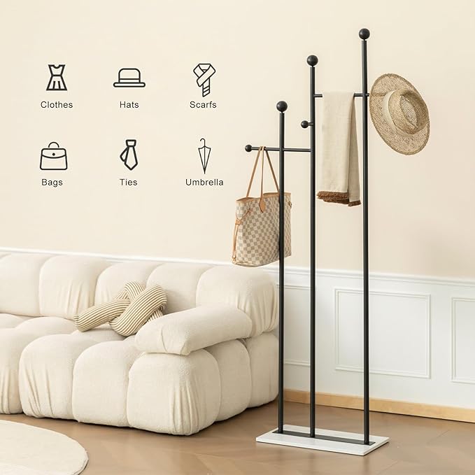 Standing Coat Rack with Marble Base Heavy Duty Clothes Hanger Rack Metal Coat Tree for Clothes Hats Scarfs Purses 19.69 x 11.02 x 68.9 Inches (Black)