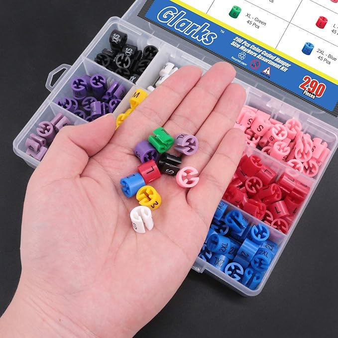 Glarks 290Pcs 9 Colors『XXS - 4XL』Colored Hanger Sizer Garment Size Markers Color Coded Size Clips Assortment Set Fit for 2-4mm Hanger Hook Used for Wire Hangers