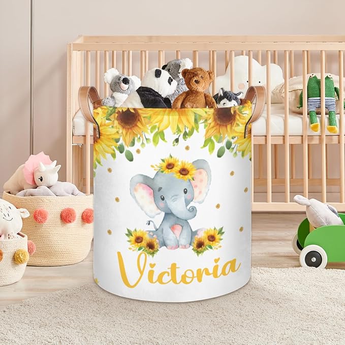 Personalized Laundry Basket, Custom Gift Laundry Hamper, Collapsible Nursery Waterproof Laundry Baskets, Dirty Clothes Toy Hamper with Handles Elephant Sunflower Floral