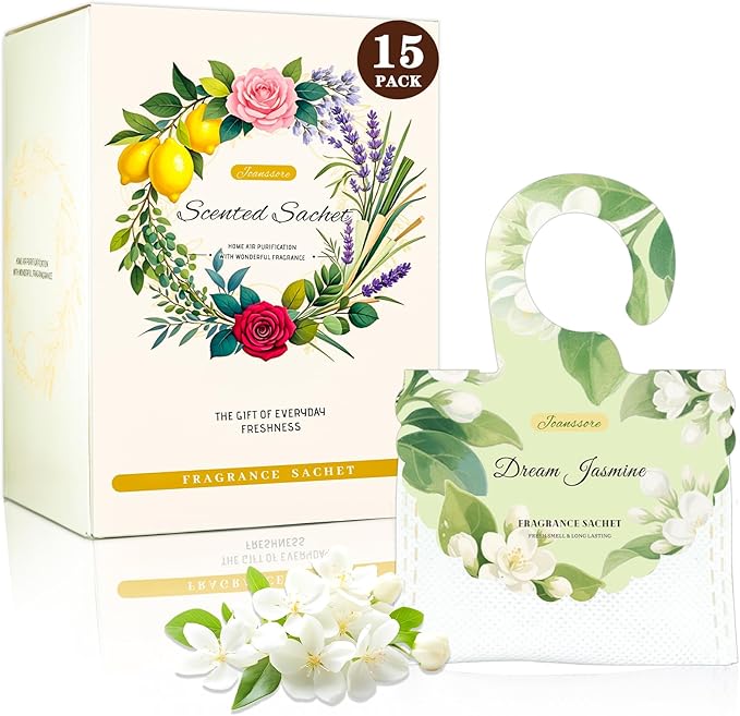 15 Packs Scented Sachets Bag for Drawers and Closets, Air Freshener for Home Fragrance Sachet, Long-Lasting Hanging Closet Deodorizer Smell Goods for House (Dream Jasmine)