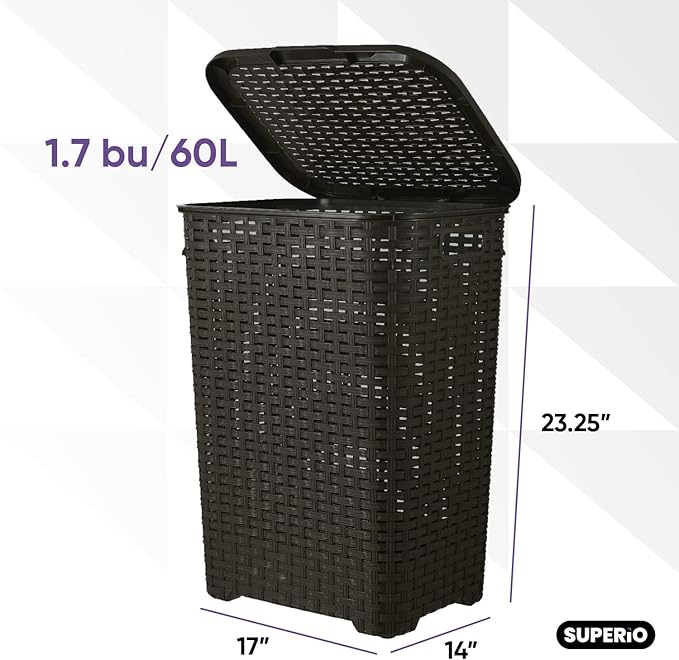 Laundry Hamper Basket With Lid 60 Liter - Deluxe Wicker Style Brown Color - 1.70 Bushel Bin With Cutout Handles To Storage Dirty Cloths in Washroom Bathroom, Or Bedroom. By Superio
