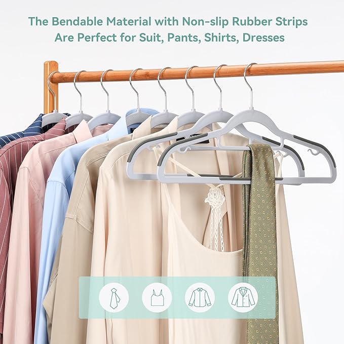 Heavy Duty Hangers 30 Pack, Plastic Clothes Hangers Non-Slip, 0.2'' Slim, 360° Swivel Hook, 16.5 Inches Wide, Thin Space Saving Hangers for Suit, Shirt & Pants, Light and Dark Gray