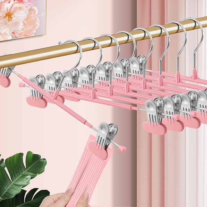 14Inch Clothes Pants Hangers with Wide Clips 10 Pack,Non-Slip Adjustable Skirt Hanger for Women,Space-Saving Heavy Duty Men Hangers for Pants,Trousers,Jeans,Shorts,Pink