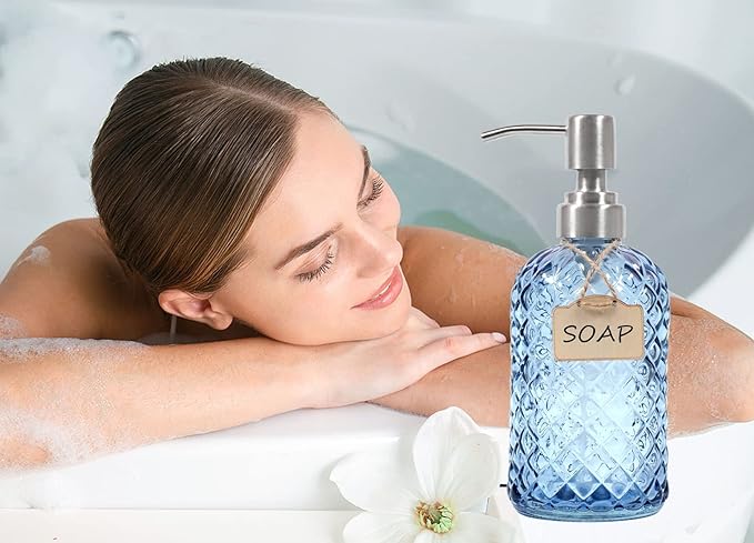 Funly mee Bathroom & Kitchen Glass Hand and Dish Soap Dispenser with 304 Rustproof Stainless Steel Pump (Blue)