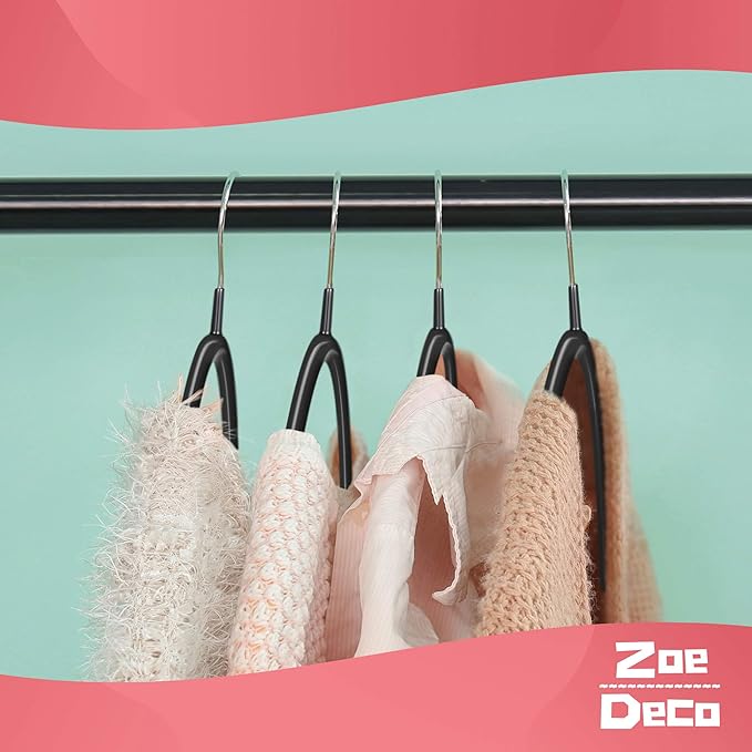 Clothes Hangers - 10 Pack, Black - Solid Premium Steel Iron Clothing & Sweater Hangers - Non-Slip No Shoulder Bumps with Grippy Coating - Sleek, Slim & Rounded - Space Saving Solution - by Zoe Deco
