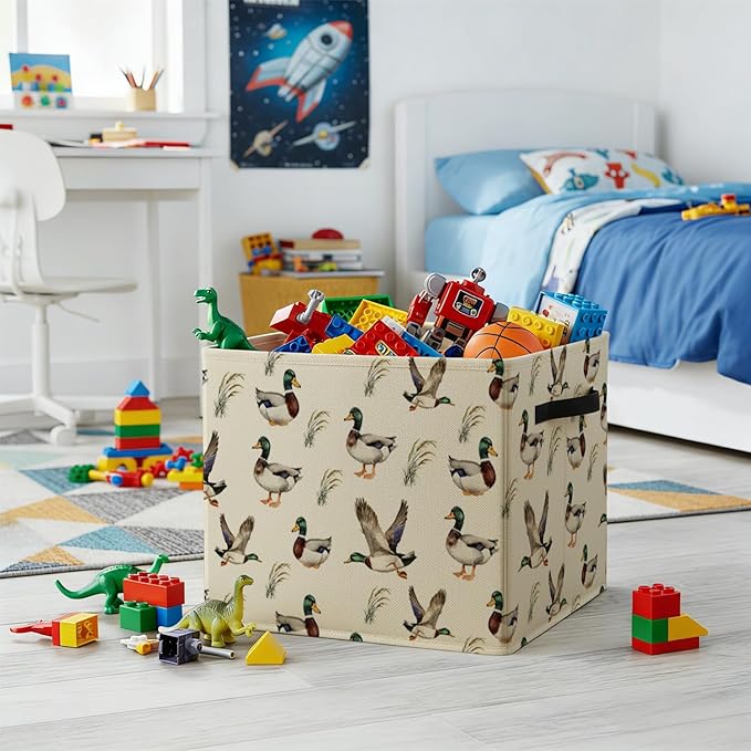 Mallard Duck Nursery Storage Bin Box with Handles, Countryside Flying Mallard Duck Foldable Baskets Organizer for Kids Room Bedroom Bathroom Clothes Toys Books, Toybox for Boys