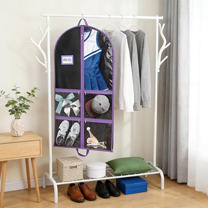 Cheer Garment Bags, Garment Bag, Hanging Clothes Bag,Waterproof Multifunctional Dust Cover with 4 Transparent Pockets & Business Card Bag,Install for Dance Costumes Storage Travel
