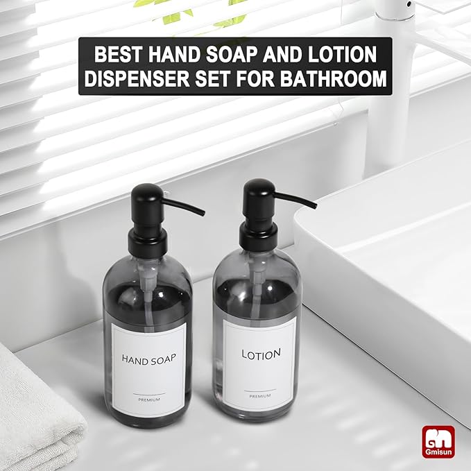 GMISUN Black Soap Dispenser, 2 Pack Hand Soap Dispensers for Bathroom, 17 Fl Oz Dish Soap Dispenser for Kitchen with Stainless Steel Pump, Modern Liquid Soap Bottle Set