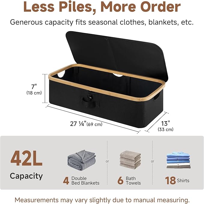 StorageWorks 2-Pack Underbed Storage Box with Bamboo Frame, 42L Flip-Top Under Bed Container for Blankets, Bed Sheets, Coverlets and Towels, Black