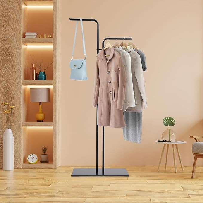 67in-Black Clothing Rack with Base, Double Rod Freestanding Coat Rack Hanging Clothes, Bags, Hat and Shoes for Entryway Bedroom Garment Organizer, Clothing Stores Boutique Retail, Studio