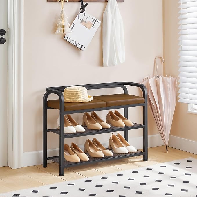 Shoe Bench with Backrest, Entryway Bench, 2-Tier Shoe Rack with PU Padded Seat, Upholstered Shoe Storage Bench with Back, for Hallway, Entryway, Foyer, Bedroom, Brown and Black HX04BV