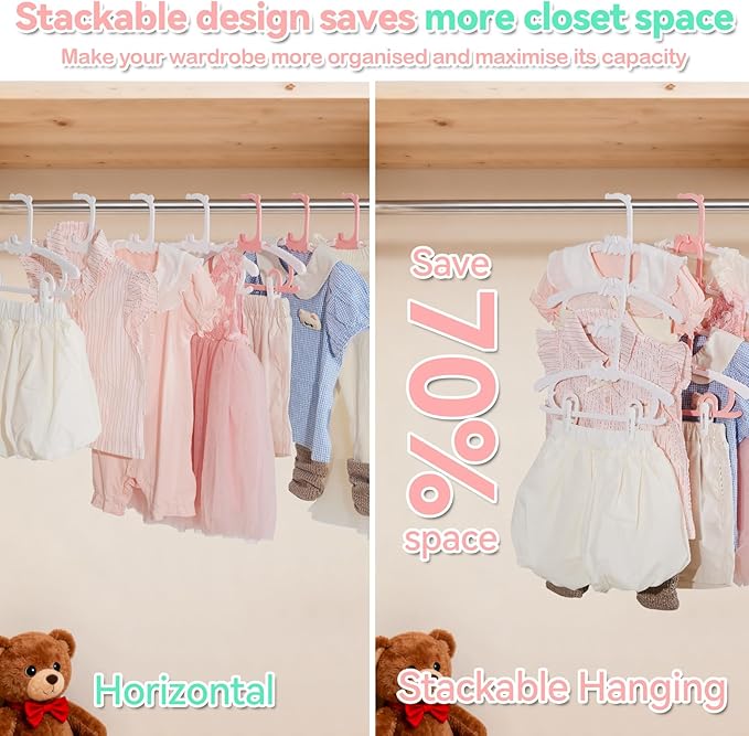 80 Pack Baby Hangers,with 55 Detachable Clips Adjustable 11.14"-15.55", Stackable Kids Closet Hangers, Two Bottom Grooves for Secure Clip Placement.Fits Newborns,Toddlers, Children & Teens(White)