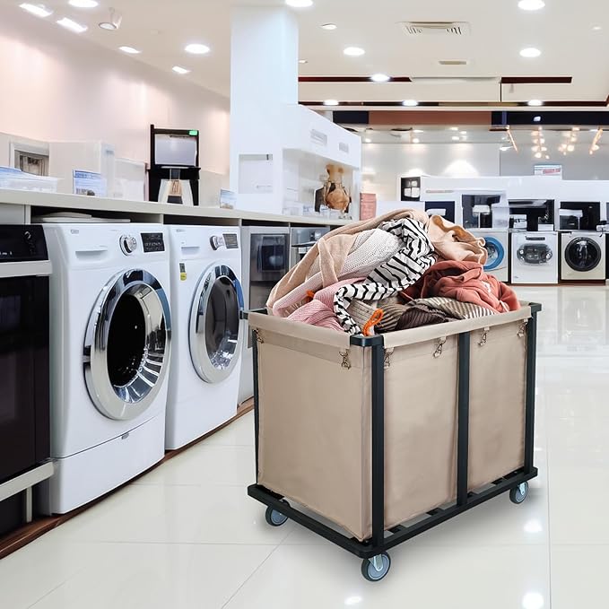 Commercial Laundry Cart with Wheels,600 lbs Industrial Laundry Hamper with Steel Frame and Oxford Cloth Bag,Commercial Laundry Hamper for Home,Hotel,Housekeeping,400L(Khaki)