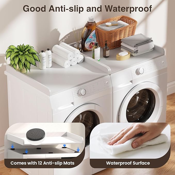 Washer Dryer Countertop Set of 2, 54.34" L x 27.56" W x 2.76" H Laundry Topper for Washer and Dryer, Wood Laundry Countertop with Anti-Slip Pads & Edge Rails for Laundry Room Organization (White)