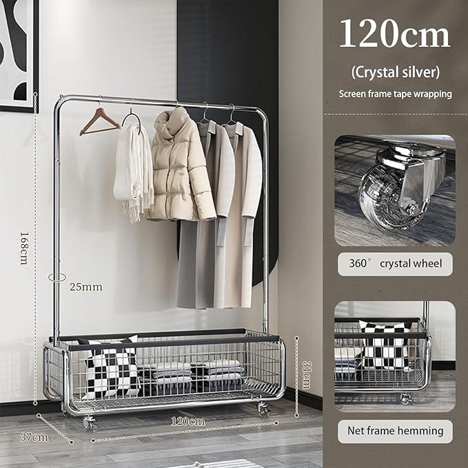 Freestanding Clothes Rack,Metal Coat Rack with Movable Storage Basket,360° Rolling Clothes Rack,Mobile Storage Coat Rack for Bedroom (Size : 120cm)