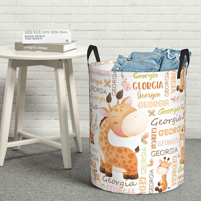 Giraffe Laundry Basket,Personalized Laundry Hamper for Boys Girls,Custom Laundry Basket With Name, Customized Dirty Clothes Hamper for Bathroom Bedrooms,M-19.5"X 15.7"