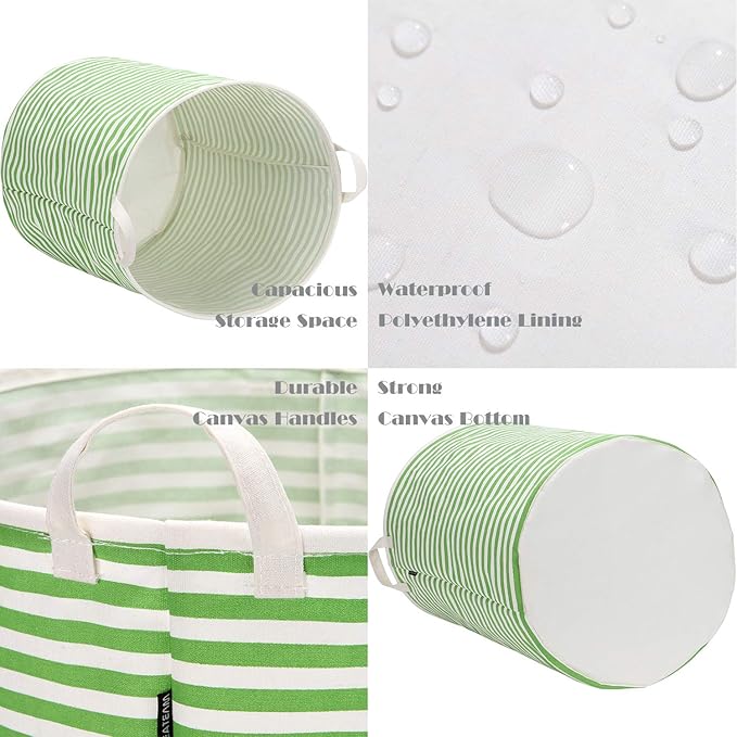 Sea Team 19.7 Inches Large Sized Waterproof Coating Ramie Cotton Fabric Folding Laundry Hamper Bucket Cylindric Burlap Canvas Storage Basket (19.7", Green & White Stripe)