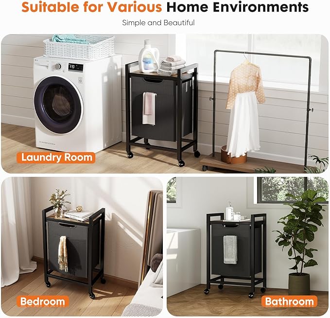 NEWBULIG Rolling Laundry Hamper with Removable Pull-Out Bag, Freestanding Clothes Basket Organizer with Wheels for Bathroom & Bedroom, 1 x 18.3 Gallon (69L) - Rustic Brown & Black
