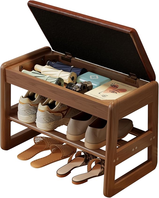 AQIMUELE Small Shoe Rack Bench,2 Tiers Shoe Bench with Storage with Flip-Top,Wood Shoe Rack for Entryway,Hallway（Orange Upholstered Seat）