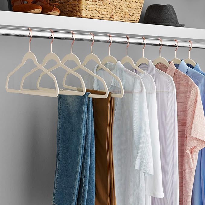 VECELO Premium Velvet Clothes Hangers Suit Heavy Duty (60 Pack)-Non Slip & Space-Saving with 8 Finger Clips & Tie Rack Excellent for Men and Women,Beige
