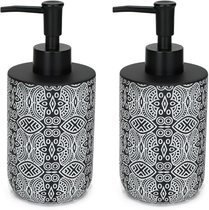 2pcs Hand Soap Dispenser Set, Boho Carving Resin Liquid Soap Dispensers for Bathroom Countertop, Heavy & Sturdy Dish Wash Soap Dispenser for Kitchen, Black