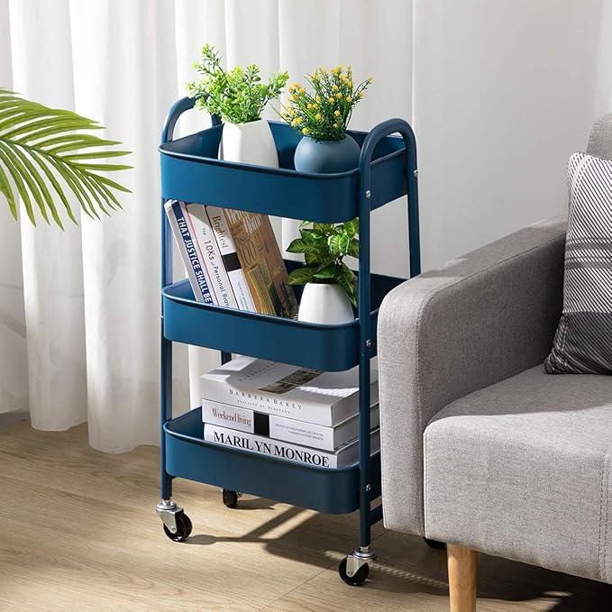 AGTEK 3 Tier Utility Rolling Cart with Lockable Wheels, Metal Multifunctional Storage, Organizer Cart for Kitchen, Office, Living Room, Makeup, Craft, Art Studio,Navy Blue