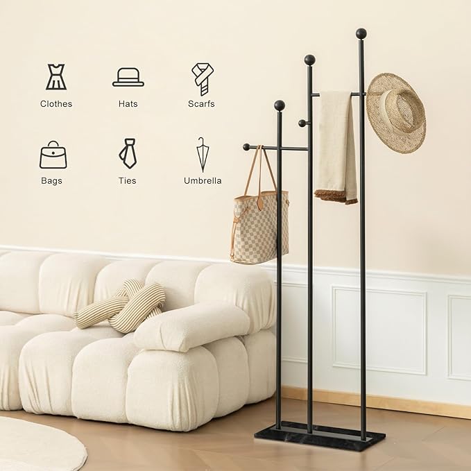 Metal Freestanding Coat Rack with Marble Base Heavy Duty Clothes Rack Coat Tree Stand Hat Rack for Corner Bedroom Entryway Living Room Hotel 19.69 x 11.02 x 68.9 Inches (Black)