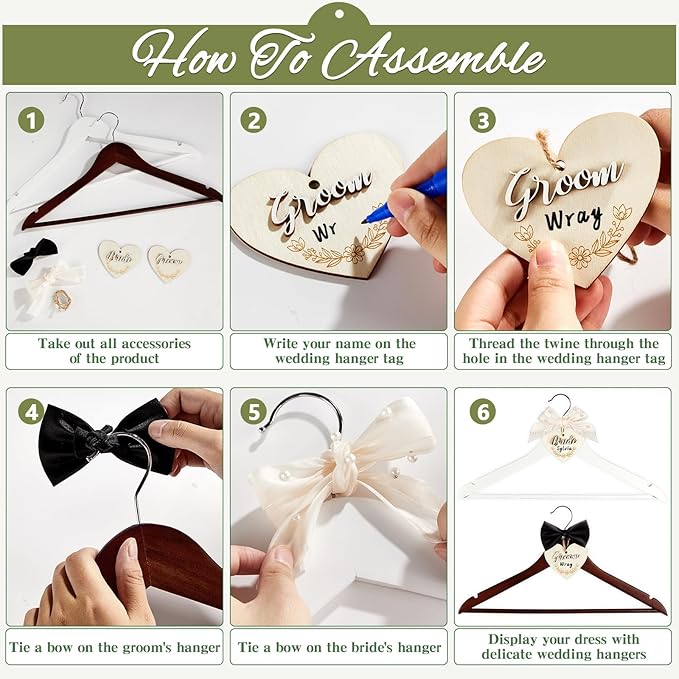 party greeting 2 Pack Wedding Hanger Bride and Groom Hangers with Tags Elegant Wooden Wedding Dress Hanger Wedding Day Gift Bow Tie Bridesmaid Hangers for Bridal Party & Shower (White and Brown)