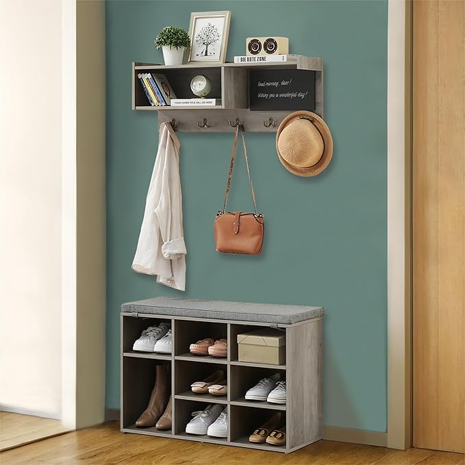 Entryway Shoe Bench with Coat Rack, Cushioned Storage Seat with Cubbies, Shoe Rack Bench for Front Door Entrance, Hall Tree with Hooks, Blackboard & Extra Storage for Entryway, Hallway & Living Room