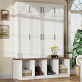 75" H Farmhouse Hall Tree with Storage, Versatile 4-in-1 Coat Hanger with 4 Hidden Hanging Hooks, 8 Doors, Entryway Shoe Cabinet with Open Compartments for Living Room