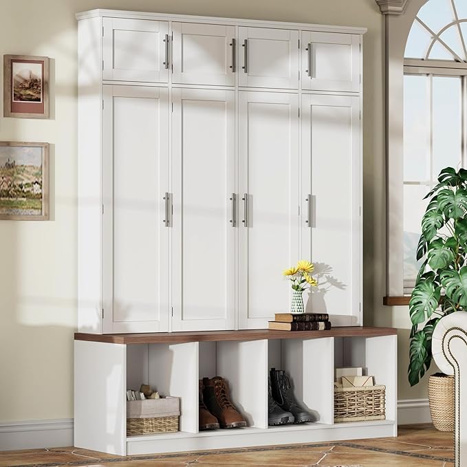 75" H Farmhouse Hall Tree with Storage, Versatile 4-in-1 Coat Hanger with 4 Hidden Hanging Hooks, 8 Doors, Entryway Shoe Cabinet with Open Compartments for Living Room