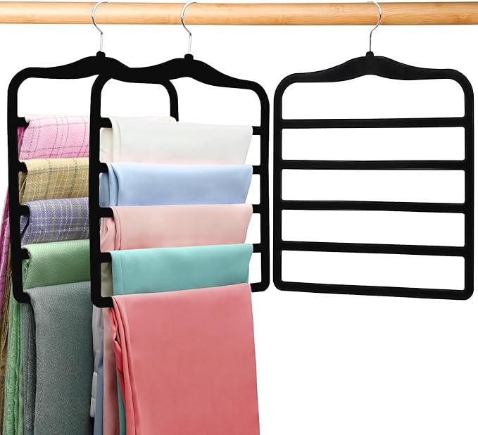 Closet Organizers and Storage,5 Pack Pants Hangers Space Saving,Velvet Hangers, Dorm Room Essentials for College Students Girls Boys Guys,Non Slip Organization and Storage Scarf Jeans Hangers