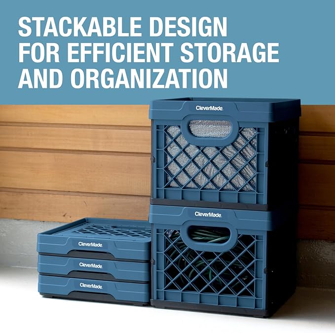 CleverMade Collapsible Milk Crate 25L (6.6 Gal) 3 Pack, 50 lb Heavy Duty Folding Crate – Stackable Storage Crates with File Rails, Plastic Collapsible Crates for Storage - Obsidian