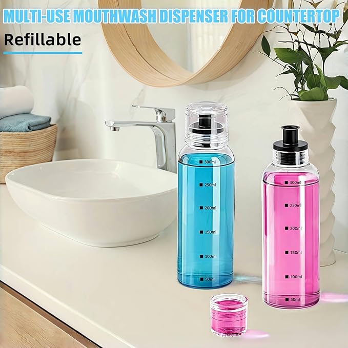 Glass Mouthwash Dispenser for Bathroom, 10.8oz Mouth Wash Container Bottle with Lid Cup, Refillable Glass Mouth Wash Decanter, Clear Mouth Wash Bottle for Countertop/6 Pcs Label-2 Pack