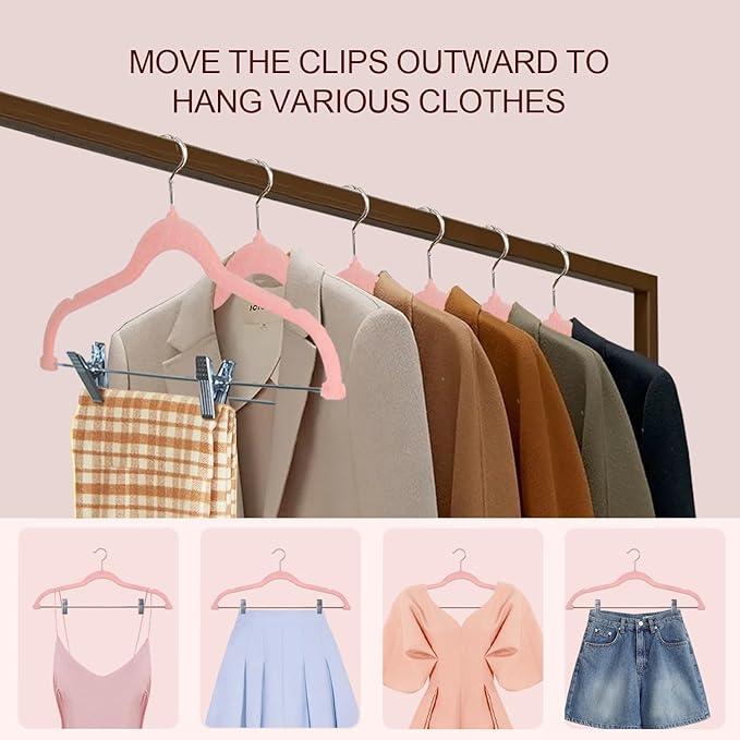 24 Packs Velvet Pant Hangers, 16.8 Inches Velvet Skirt Hangers with Clips, Heavy-Duty Clothes Hangers, Non-Slip Coat Hangers for Shirts, Pants, Skirts, Dresses, Jackets, Coat - Pink