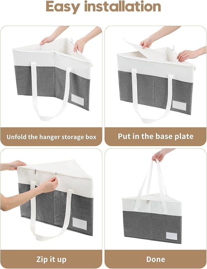 Beveetio 2-Pack Rigid Hanger Organizer Bags with Lid, Triangle Hanger Storage Organizers for Closet, Laundry Room, Wardrobe, Drying Rack, Dustproof Space Saving Holder, Grey & White