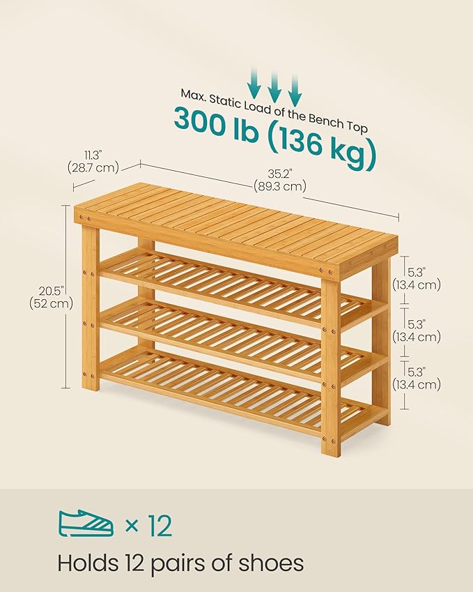 SONGMICS Shoe Rack Bench, 4 Tier Bamboo Shoe Storage Organizer, Entryway Bench, for Living Room, Bathroom, Bedroom, 11.3 x 35.2 x 20.5 Inches, Light Bamboo ULBS390YL01