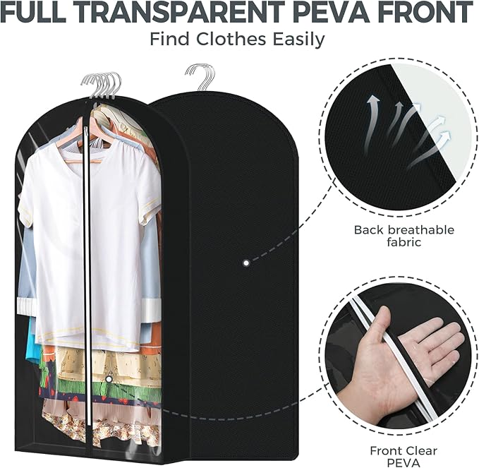 6 Pcs 40" Garment Bags for Hanging Clothes, Clear Suit Bags for Closet Storage Clothing Storage, Garment Bags Shoulder Covers with 4" Gussets for Coats, Jackets, Shirts and Sweater, Black