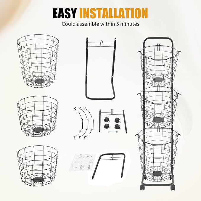 3-layer Standing Clothing Sorting Laundry Basket,Dirty Clothes Basket Rack with Wheels, Durable Removable Iron Wire Metal Classification Storage Rack for Sort and Store Dirty Towels, Bedding, Black