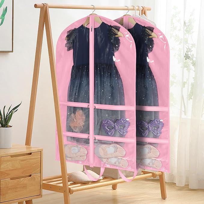 KEEGH Clear Garment Bags for Dance Costumes 40 inch Dance Garment Bags for Dancers Hanging Clothes for Closet Storage, with 4 Zipper Pockets for Dance Competitions, Ballet, Theatre, 2 Pack, Pink