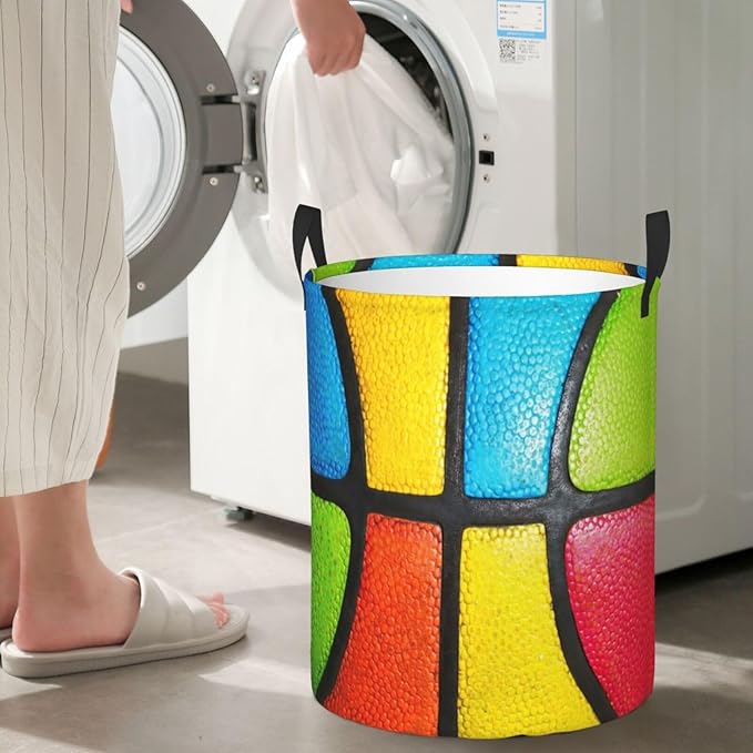 Basketball Texture Colorful Round Laundry Hamper Sport Ball Storage Basket Toys Clothes Organizer Bin For Home Bathroom Bedroom Dorm Nursery, 38l