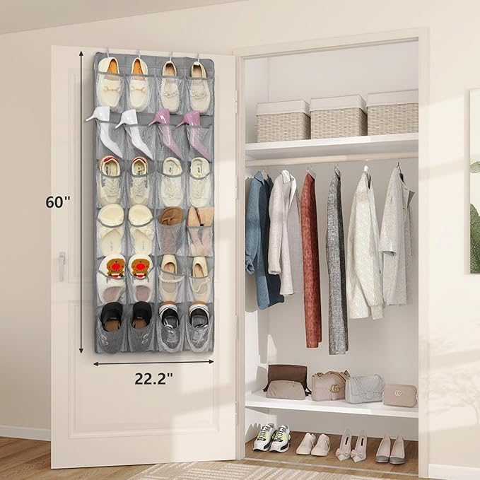 FENTEC 24 Pockets Over the Door Shoe Organizer Hanging Shoe Organizer for Closet, Space Saving Mesh Large Pocket Shoe Storage and Organizer, Shoe Holder for Apartments Garages, Grey 1 Pack