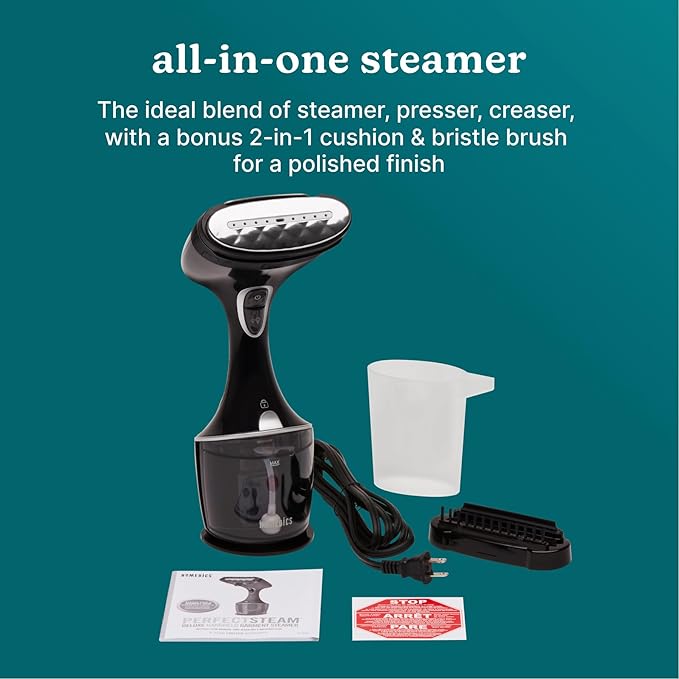 Homedics PerfectSteam Handheld Garment Steamer for Clothes, Sheets and Curtains - 1550 Watts Portable Garment Steamer, Fast Heat, Turbo Power, 15-Minute Continuous Steam, Built-In Crease Attachment